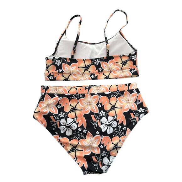 Swim Suit Women’s Size Medium 2 Piece Floral Print Orange Black U Neck Like New - Picture 2 of 7